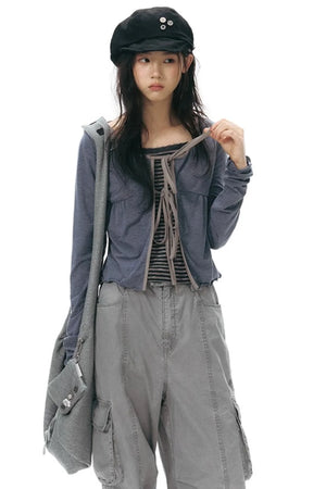 Lace-Up Ruffle Knit Cardigan