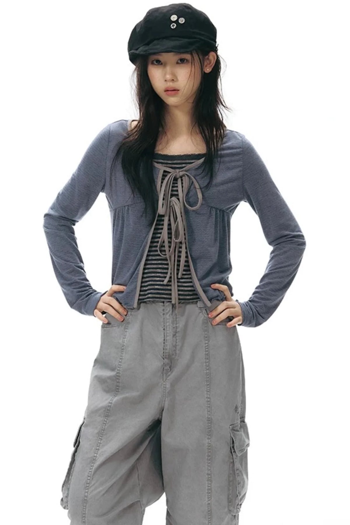 Lace-Up Ruffle Knit Cardigan