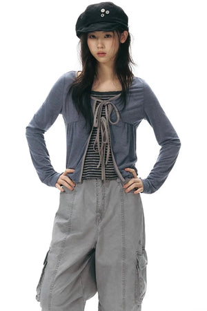 Lace-Up Ruffle Knit Cardigan