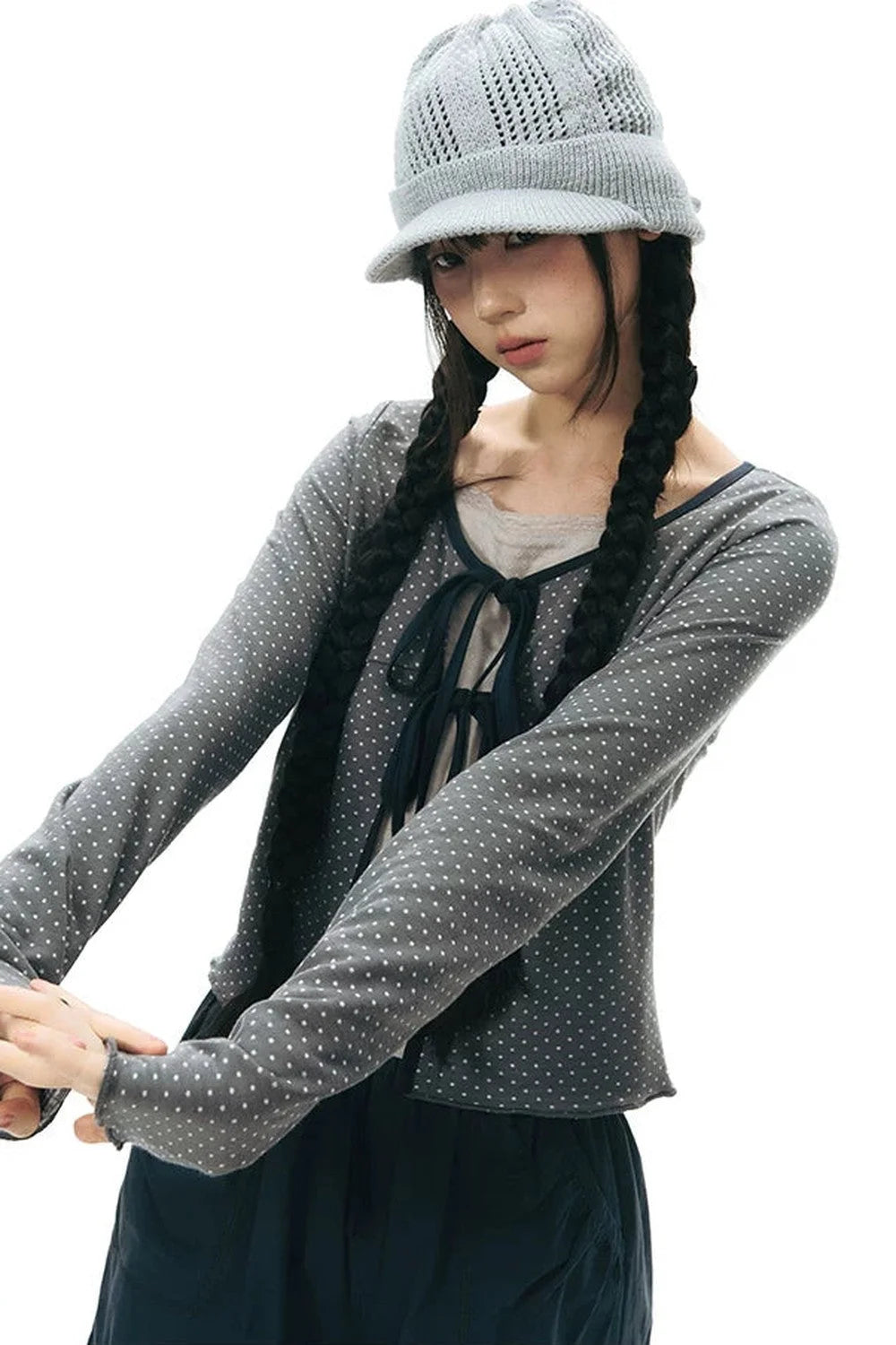 Lace-Up Ruffle Knit Cardigan
