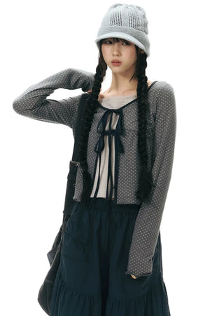 Lace-Up Ruffle Knit Cardigan