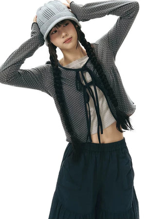 Lace-Up Ruffle Knit Cardigan
