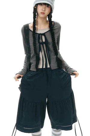 Lace-Up Ruffle Knit Cardigan