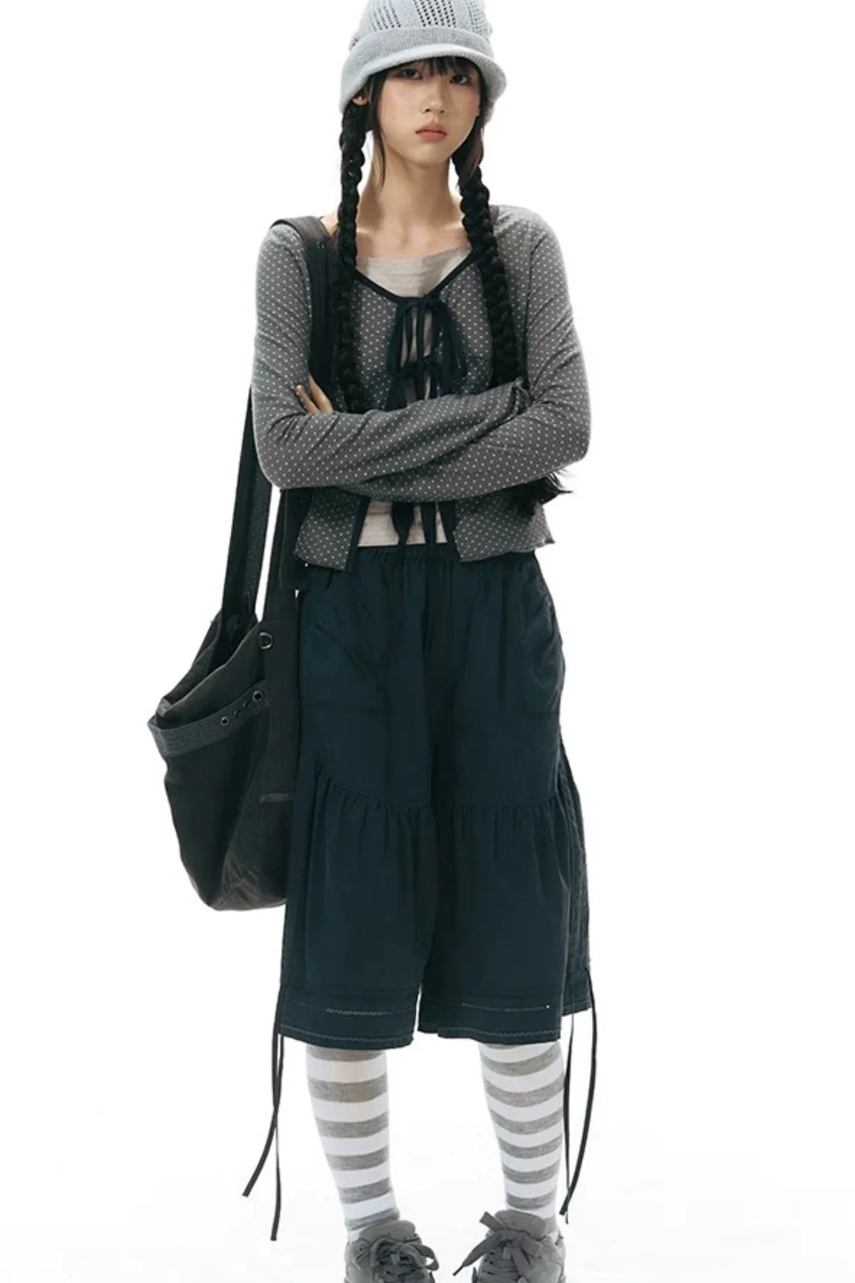 Lace-Up Ruffle Knit Cardigan