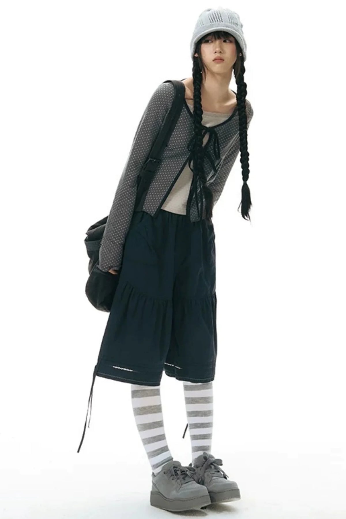 Lace-Up Ruffle Knit Cardigan