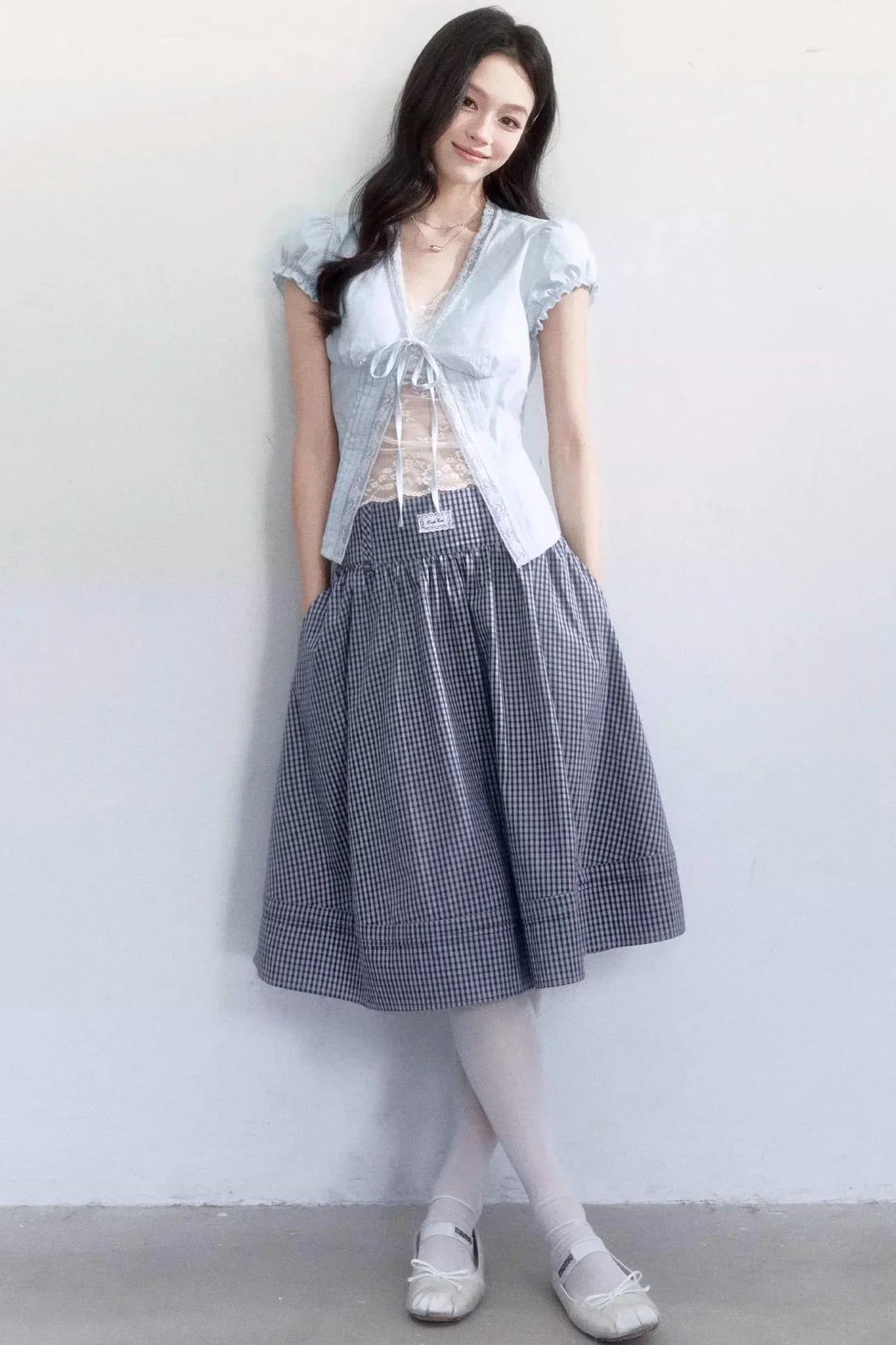 Lace-Up Top and Plaid Skirt Set-Up