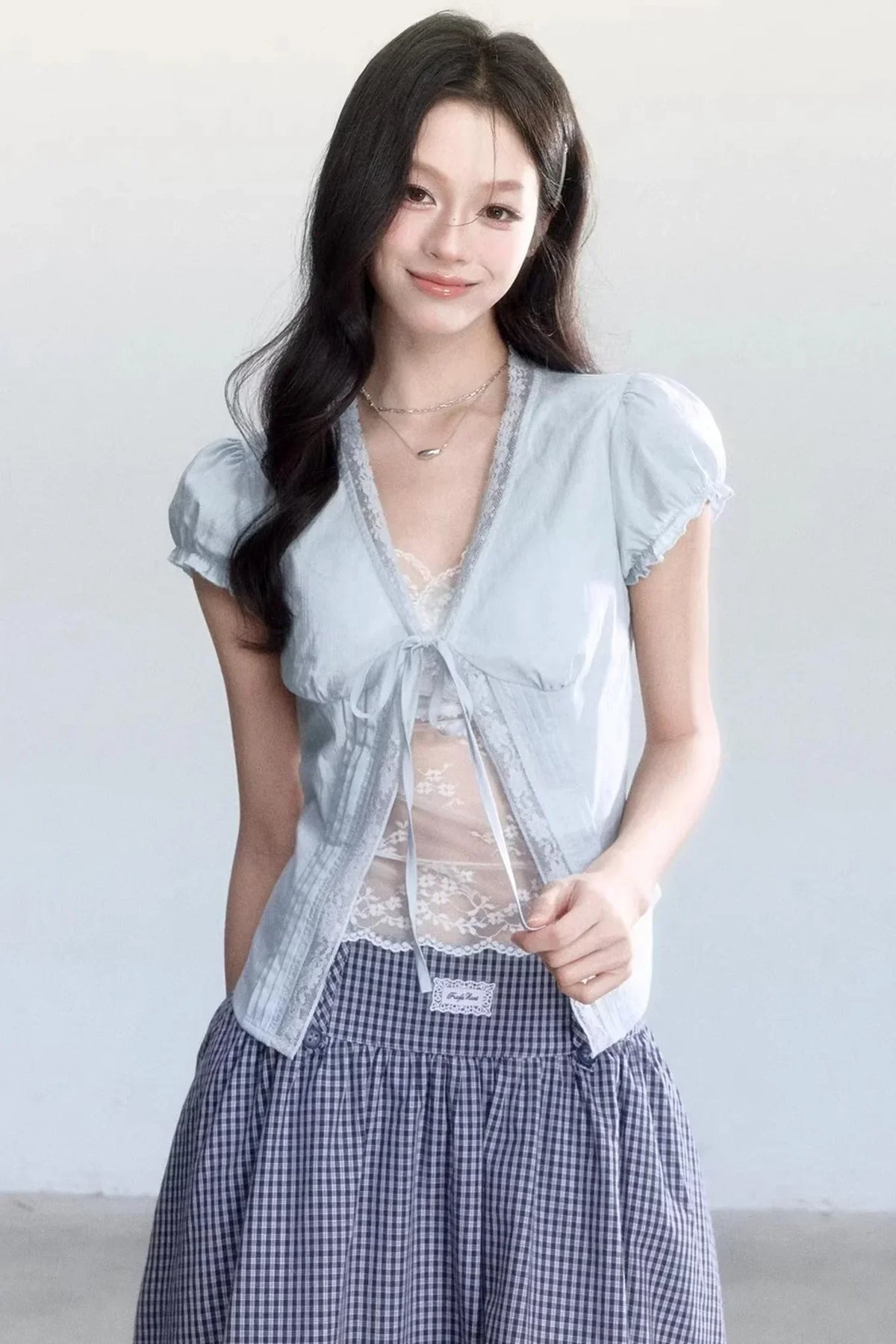Lace-Up Top and Plaid Skirt Set-Up