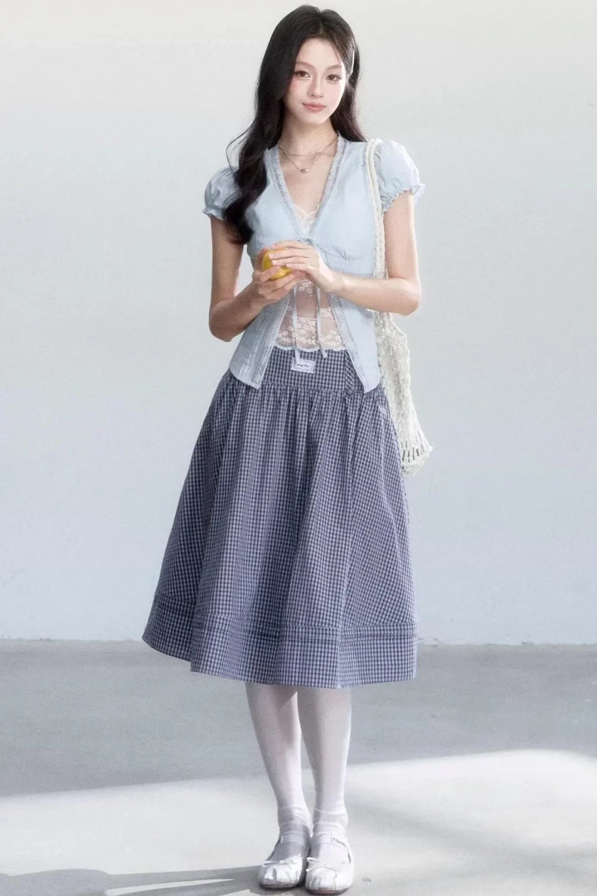 Lace-Up Top and Plaid Skirt Set-Up