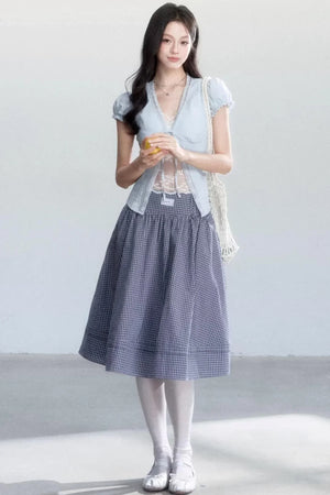 Lace-Up Top and Plaid Skirt Set-Up