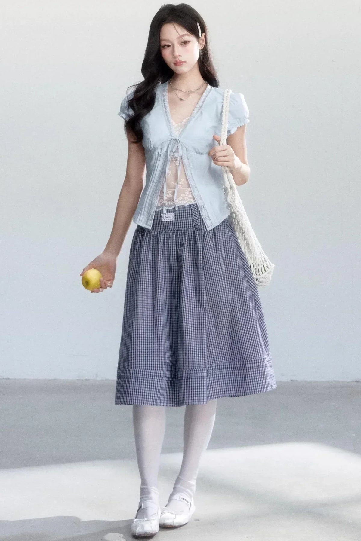 Lace-Up Top and Plaid Skirt Set-Up