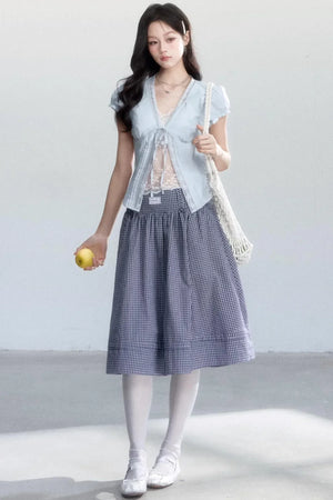 Lace-Up Top and Plaid Skirt Set-Up