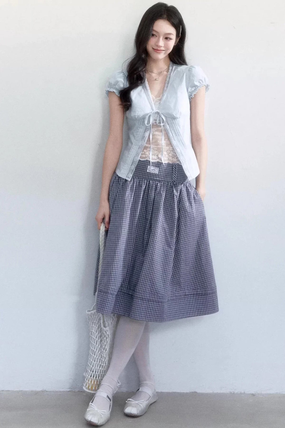 Lace-Up Top and Plaid Skirt Set-Up