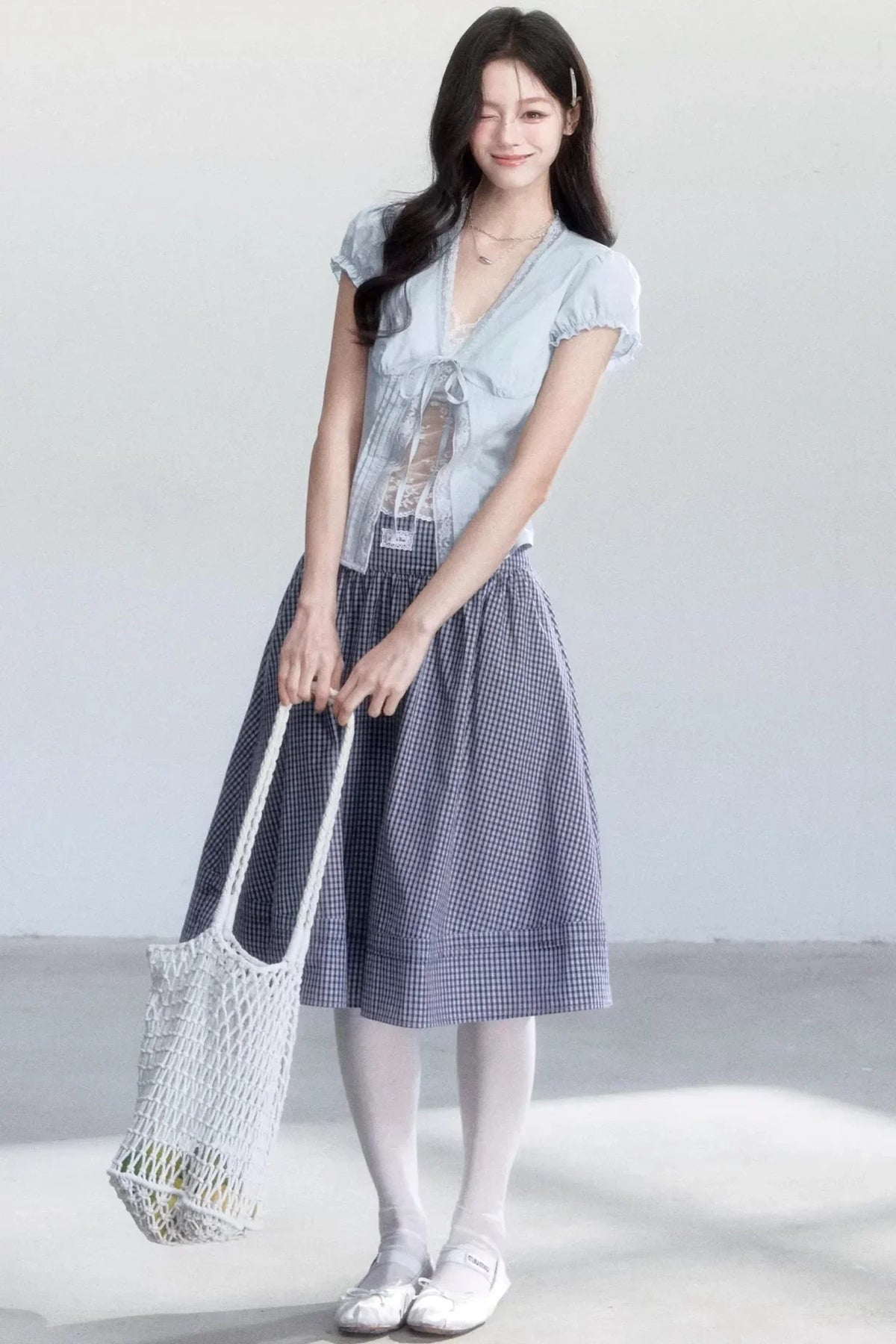 Lace-Up Top and Plaid Skirt Set-Up