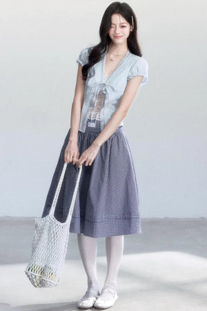 Lace-Up Top and Plaid Skirt Set-Up