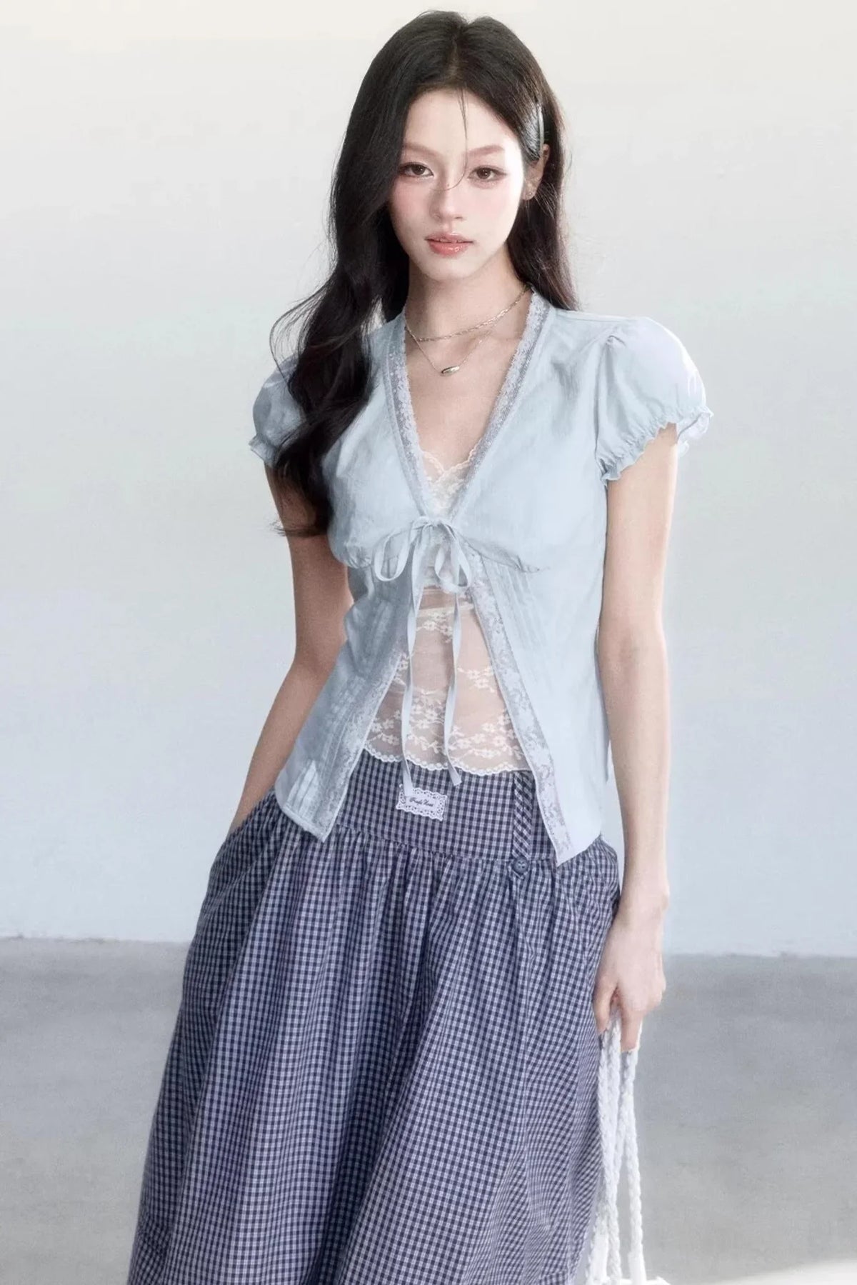Lace-Up Top and Plaid Skirt Set-Up