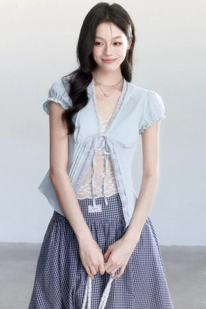 Lace-Up Top and Plaid Skirt Set-Up
