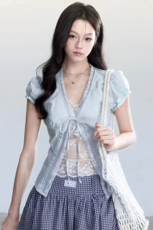 Lace-Up Top and Plaid Skirt Set-Up