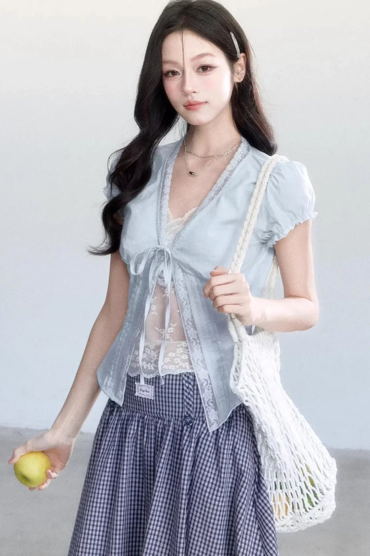 Lace-Up Top and Plaid Skirt Set-Up