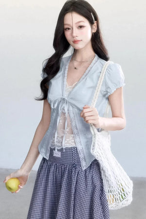 Lace-Up Top and Plaid Skirt Set-Up