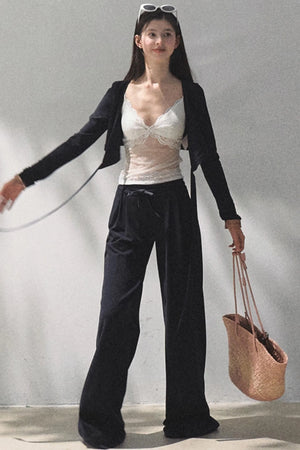 Lace-Up Top & Wide Leg Pants Set-Up