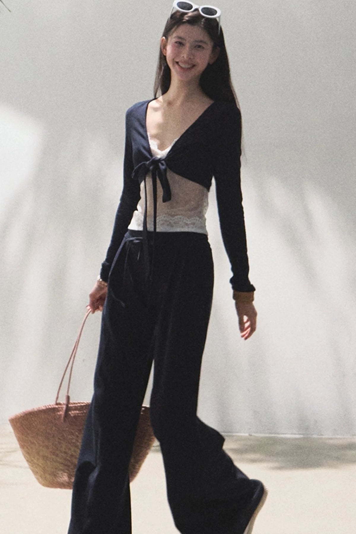 Lace-Up Top & Wide Leg Pants Set-Up