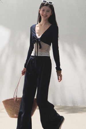 Lace-Up Top & Wide Leg Pants Set-Up