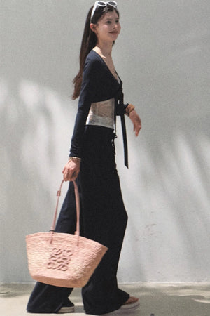 Lace-Up Top & Wide Leg Pants Set-Up