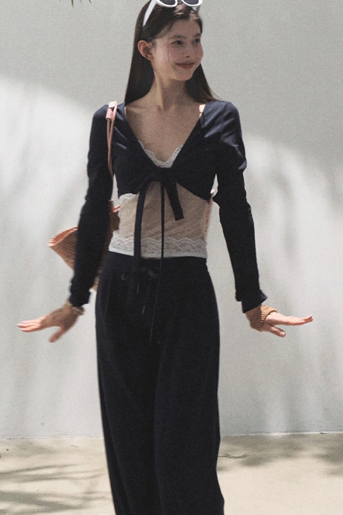 Lace-Up Top & Wide Leg Pants Set-Up