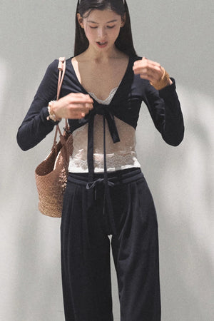 Lace-Up Top & Wide Leg Pants Set-Up