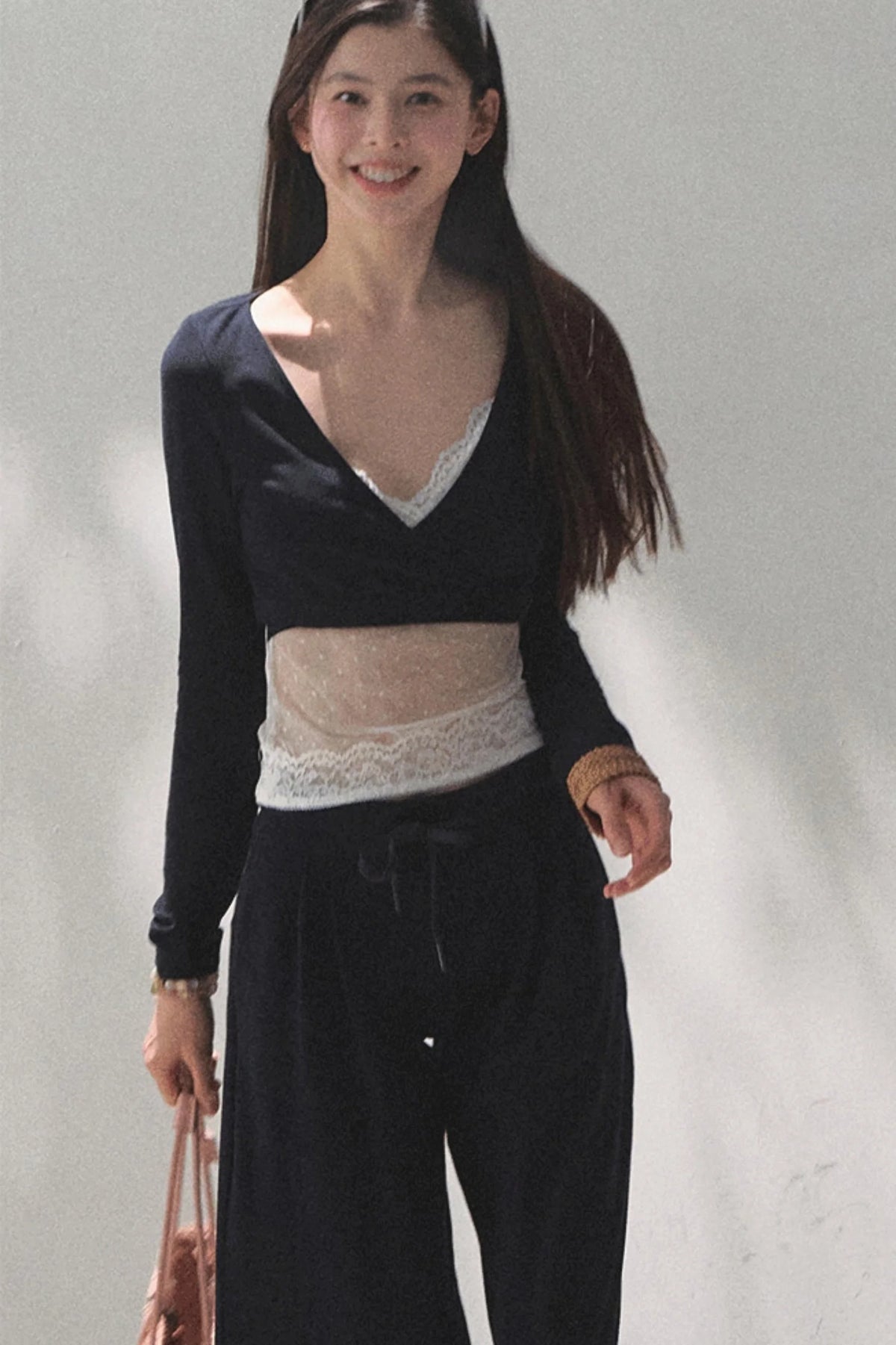 Lace-Up Top & Wide Leg Pants Set-Up