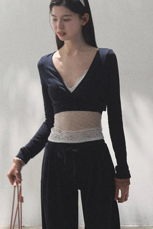 Lace-Up Top & Wide Leg Pants Set-Up