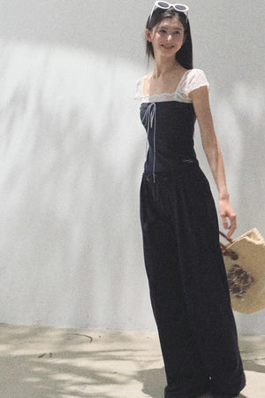 Lace-Up Top & Wide Leg Pants Set-Up