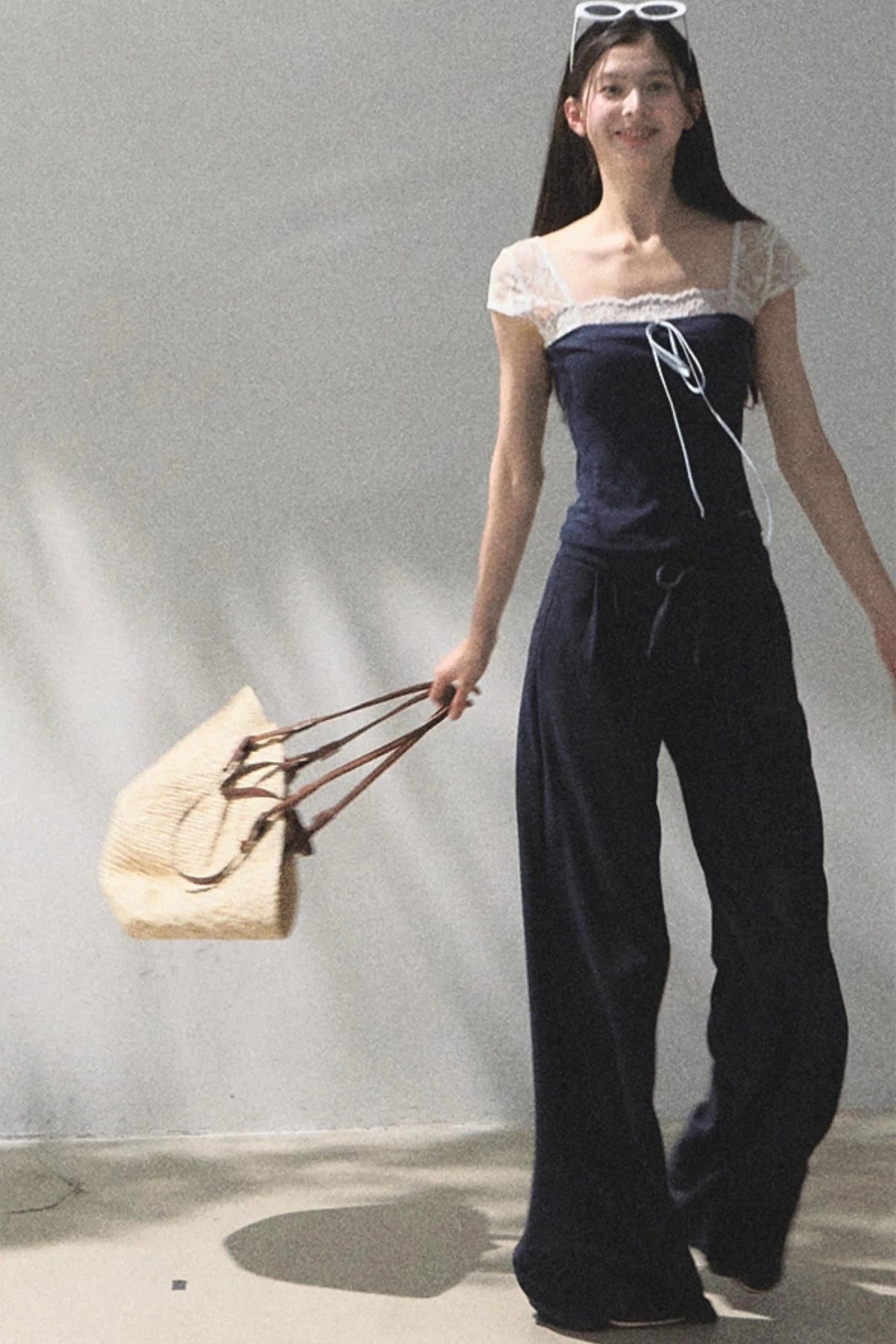Lace-Up Top & Wide Leg Pants Set-Up