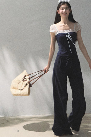 Lace-Up Top & Wide Leg Pants Set-Up