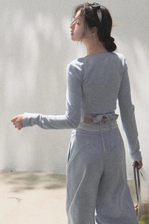 Lace-Up Top & Wide Leg Pants Set-Up