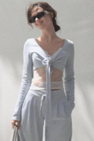 Lace-Up Top & Wide Leg Pants Set-Up