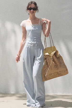 Lace-Up Top & Wide Leg Pants Set-Up