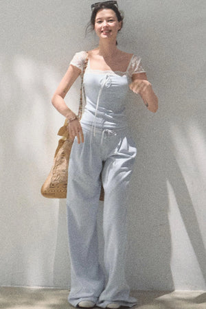 Lace-Up Top & Wide Leg Pants Set-Up