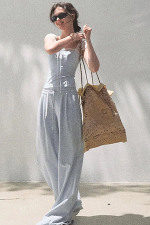 Lace-Up Top & Wide Leg Pants Set-Up