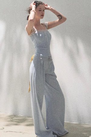 Lace-Up Top & Wide Leg Pants Set-Up