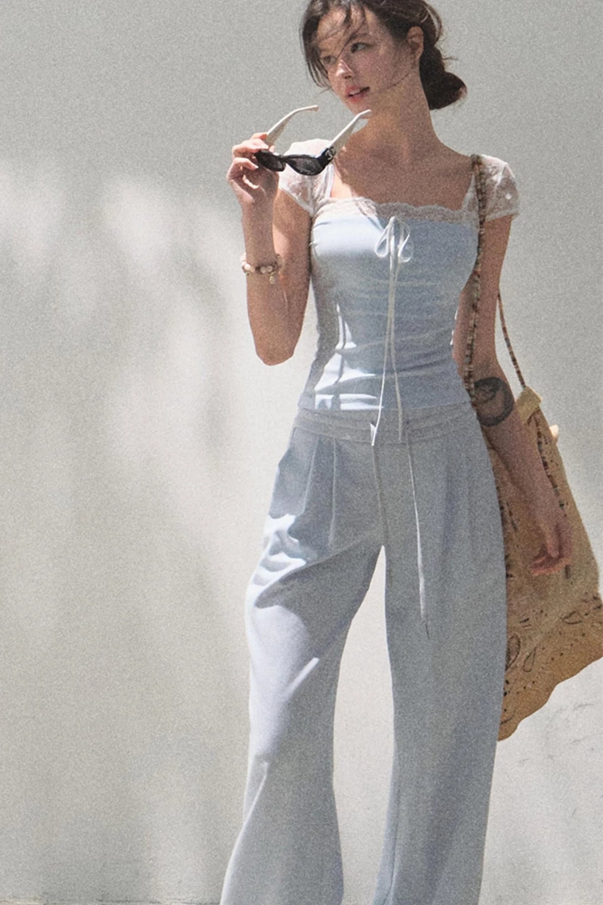 Lace-Up Top & Wide Leg Pants Set-Up