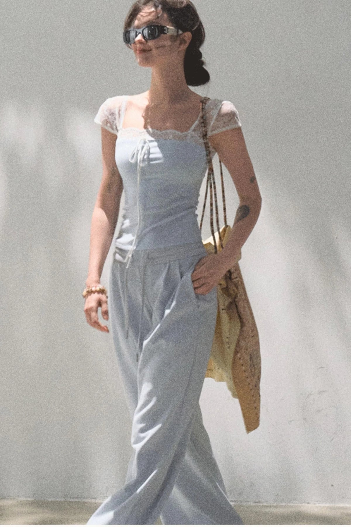 Lace-Up Top & Wide Leg Pants Set-Up