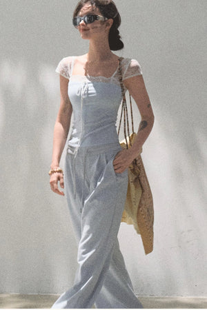 Lace-Up Top & Wide Leg Pants Set-Up