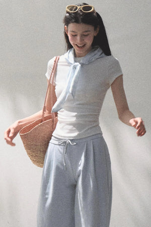 Lace-Up Top & Wide Leg Pants Set-Up