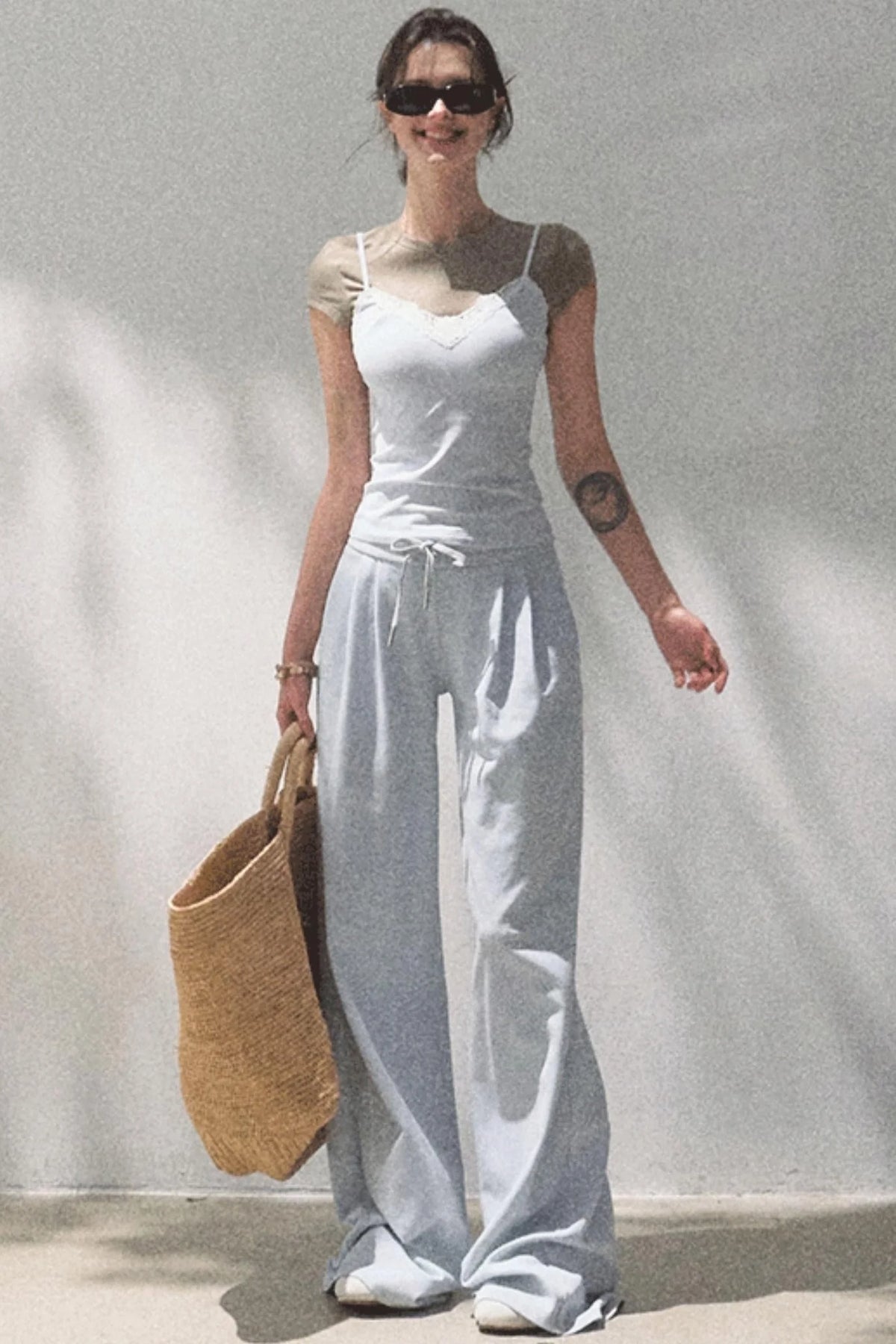Lace-Up Top & Wide Leg Pants Set-Up