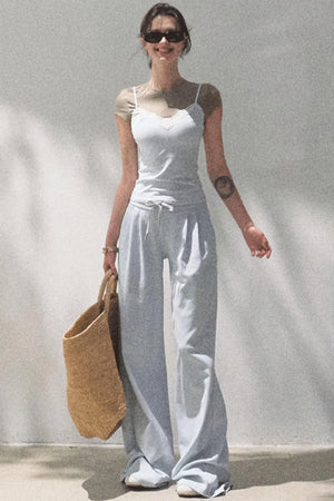 Lace-Up Top & Wide Leg Pants Set-Up