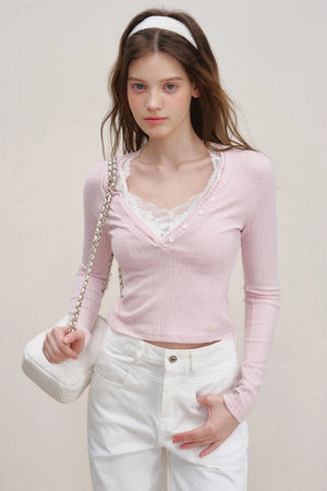 Lace V-Neck Knit Sweater Set-Up