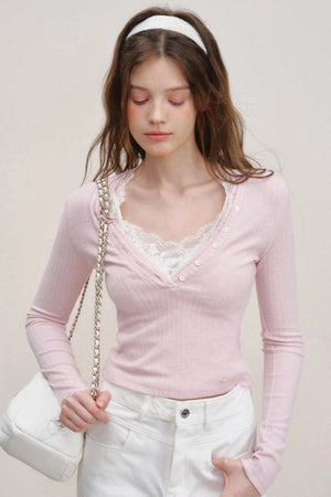 Lace V-Neck Knit Sweater Set-Up