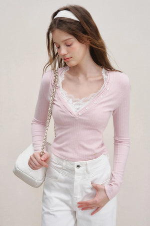 Lace V-Neck Knit Sweater Set-Up