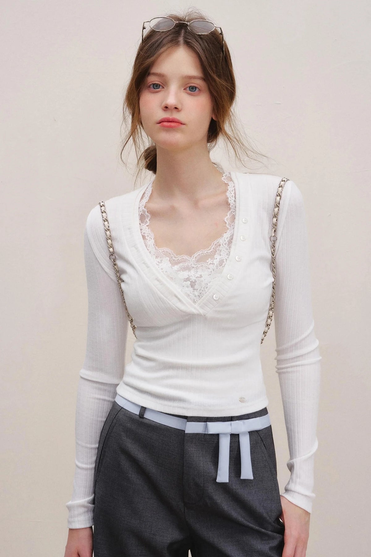 Lace V-Neck Knit Sweater Set-Up